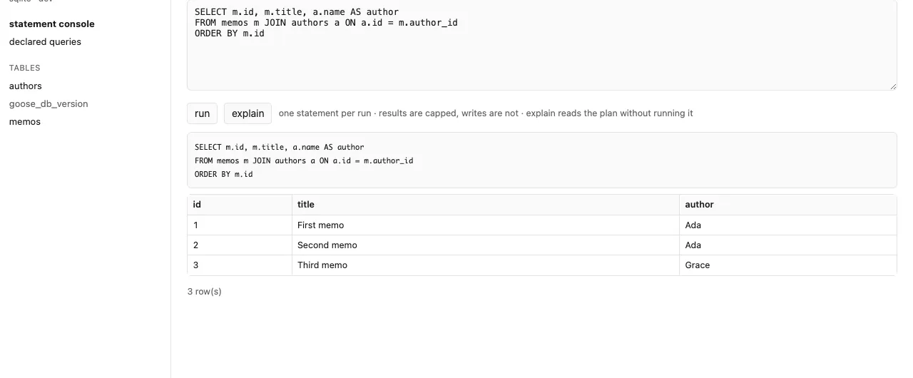 the statement console: a join across two tables, run, and the three rows it returned