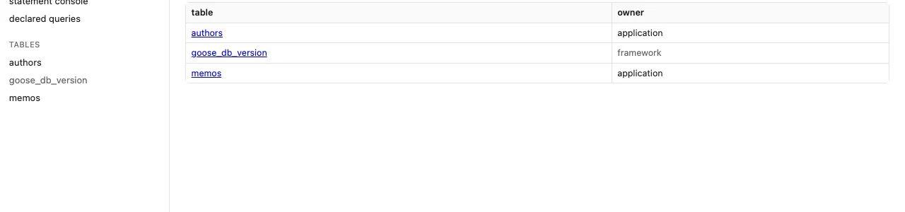 the data pane listing the tables of a SQLite database, with the schema version, and the tables the framework owns marked as such