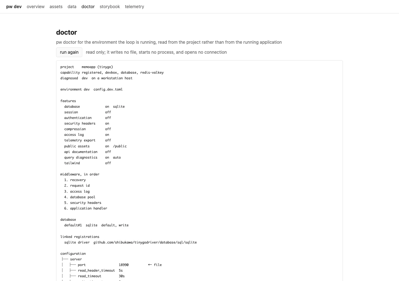 the doctor pane, listing checks with their findings and a summary count of errors, warnings, and notes