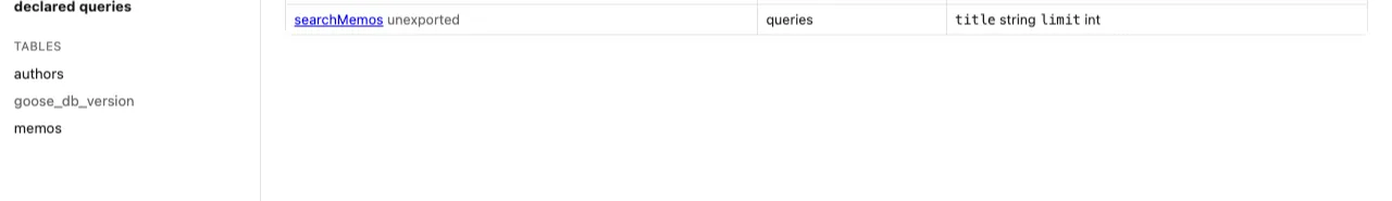the declared queries list, showing an exported statement and an unexported one, each with its parameter names and types
