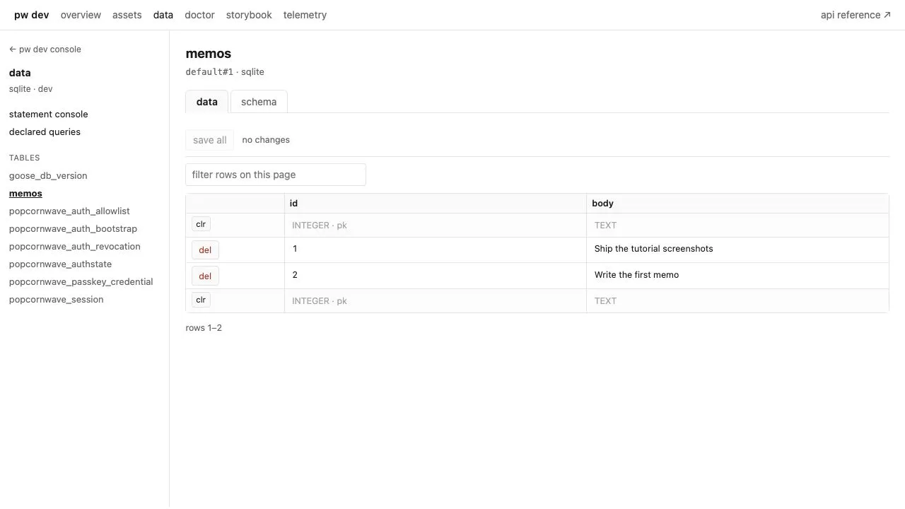 the pw dev data pane showing the memos table with its id and body columns and two persisted rows