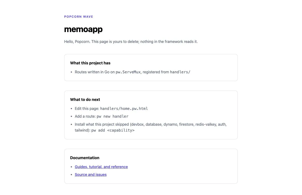 the generated memoapp landing page greeting Popcorn and listing the project’s installed capabilities and next steps